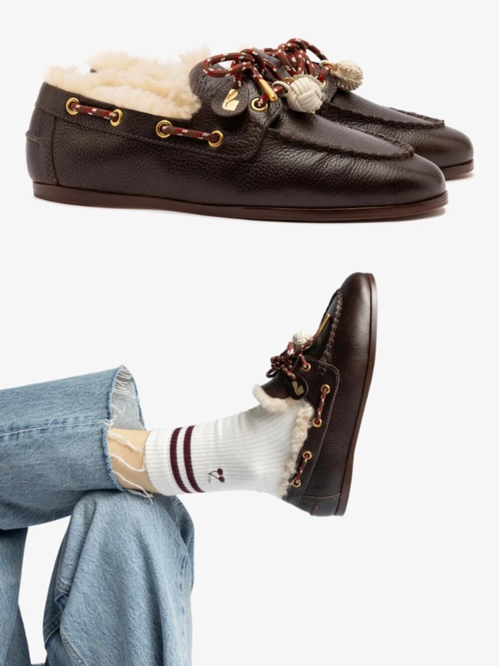 Larroude Cyprus Boat Shoe In Brown Leather and Natural Shearling